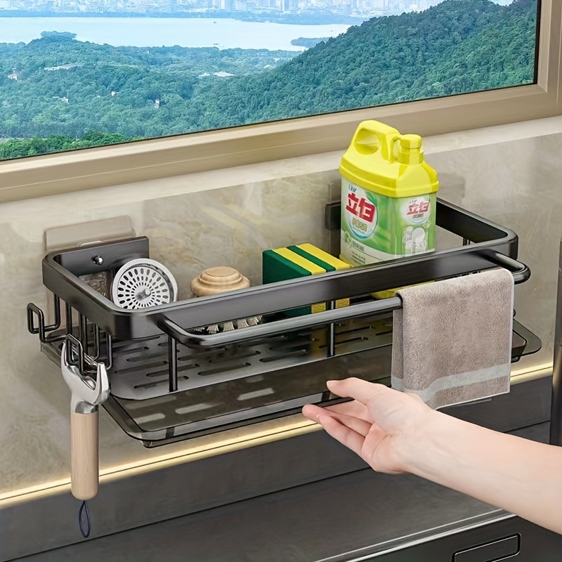 1pc space saving kitchen bathroom sink organizer with towel rack     multi functional wall mounted storage solution for sponges soap and cleaning tools featuring drainage slots under sink organizers and storage details 9