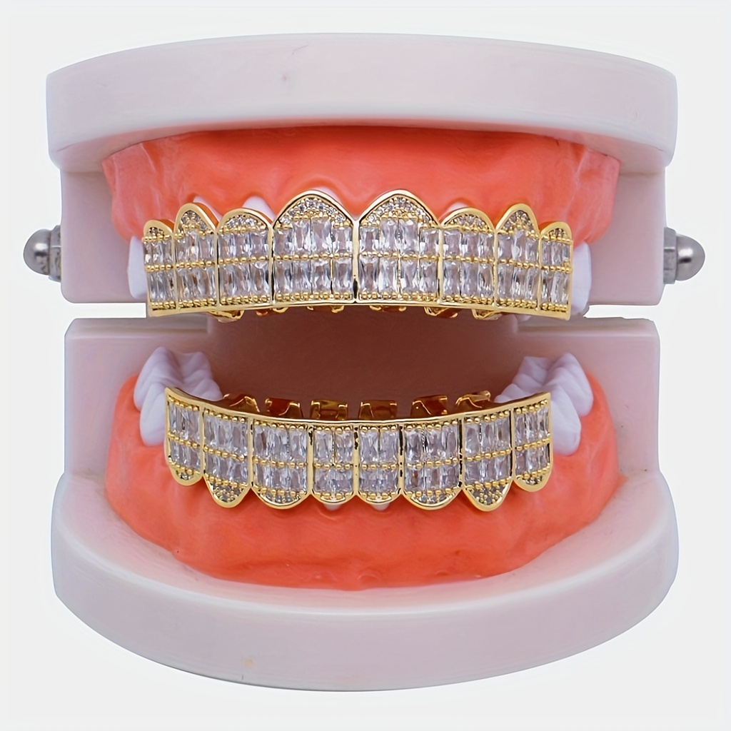 18K Unisex Big Gold Teeth Square Pave CZ 8 Teeth Top Bottom