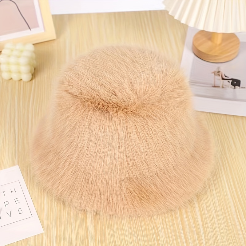 Oversized Fluffy Faux Fur Bucket Hat Women Trendy Solid - Temu