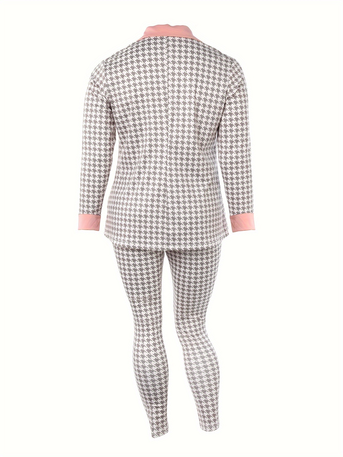 Women's Casual Suit Set, Plus Size Colorblock Houndstooth Print Button  Lapel Collar Long Sleeve * & Solid Pants Suit 2 Piece Set