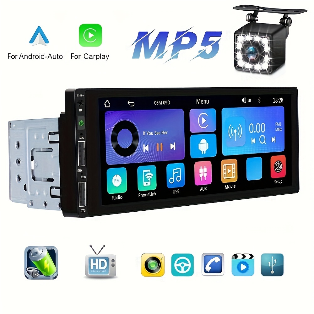 1 Din Car Stereo Compatible With CarPlay & Android Auto, 6.86 HD  Touchscreen Car Radio With TF/USB, BT, FM, Mirror Link, Backup Camera