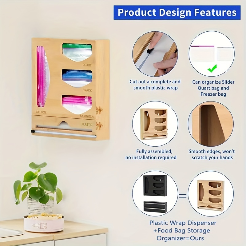 Bamboo Ziplock Bag Storage Organizer and Dispenser Food Storage Bag  Organizer