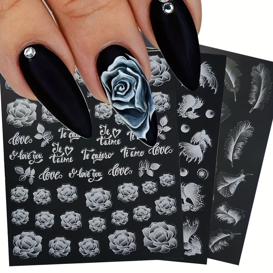 Black Silver Star 3d Nail Sticker Golden Heart English - Temu