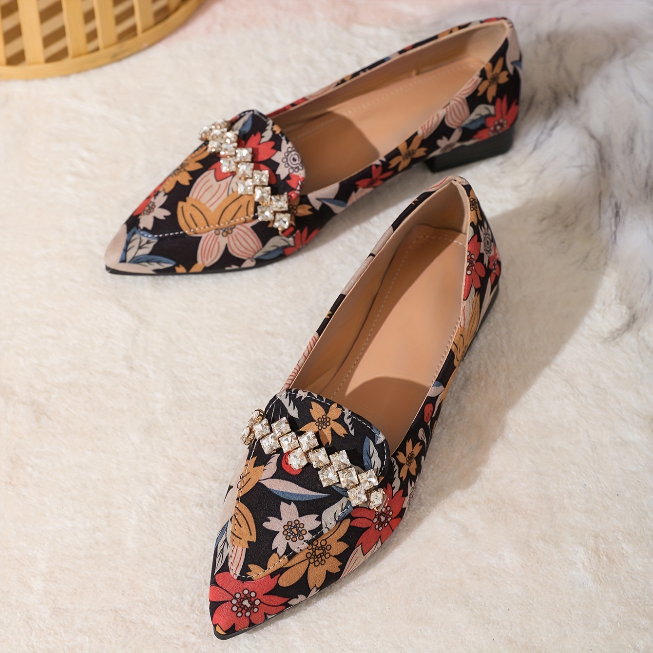 Women s Floral Print Flats Retro Pointed Toe Rhinestone Temu