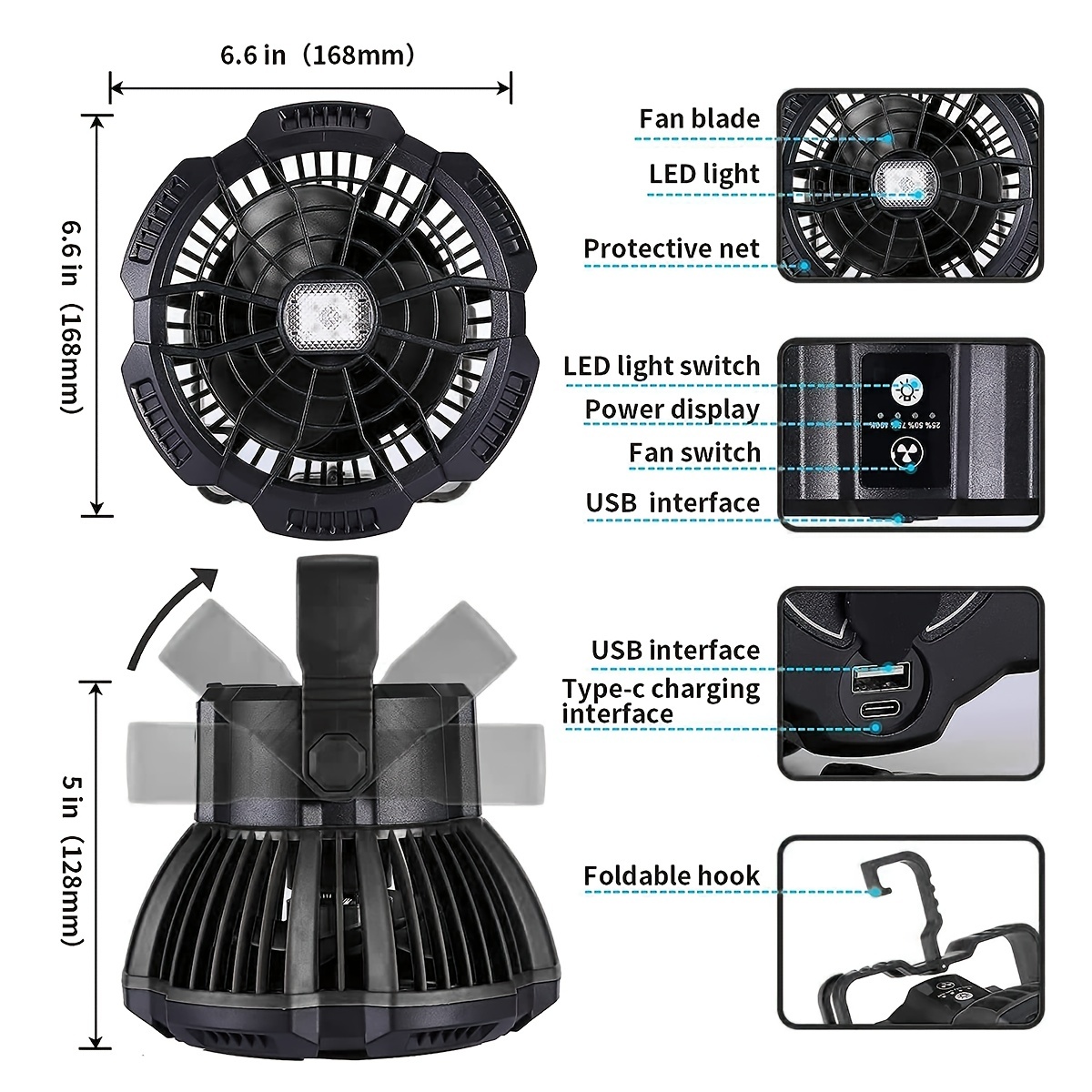 Portable Fan Camping Fan for Tents, 25 Hours Work-time Camping Lantern  Ceiling Tent Fan Desk Fan with 7800mAh Power Bank, Clip and Remote, Usb