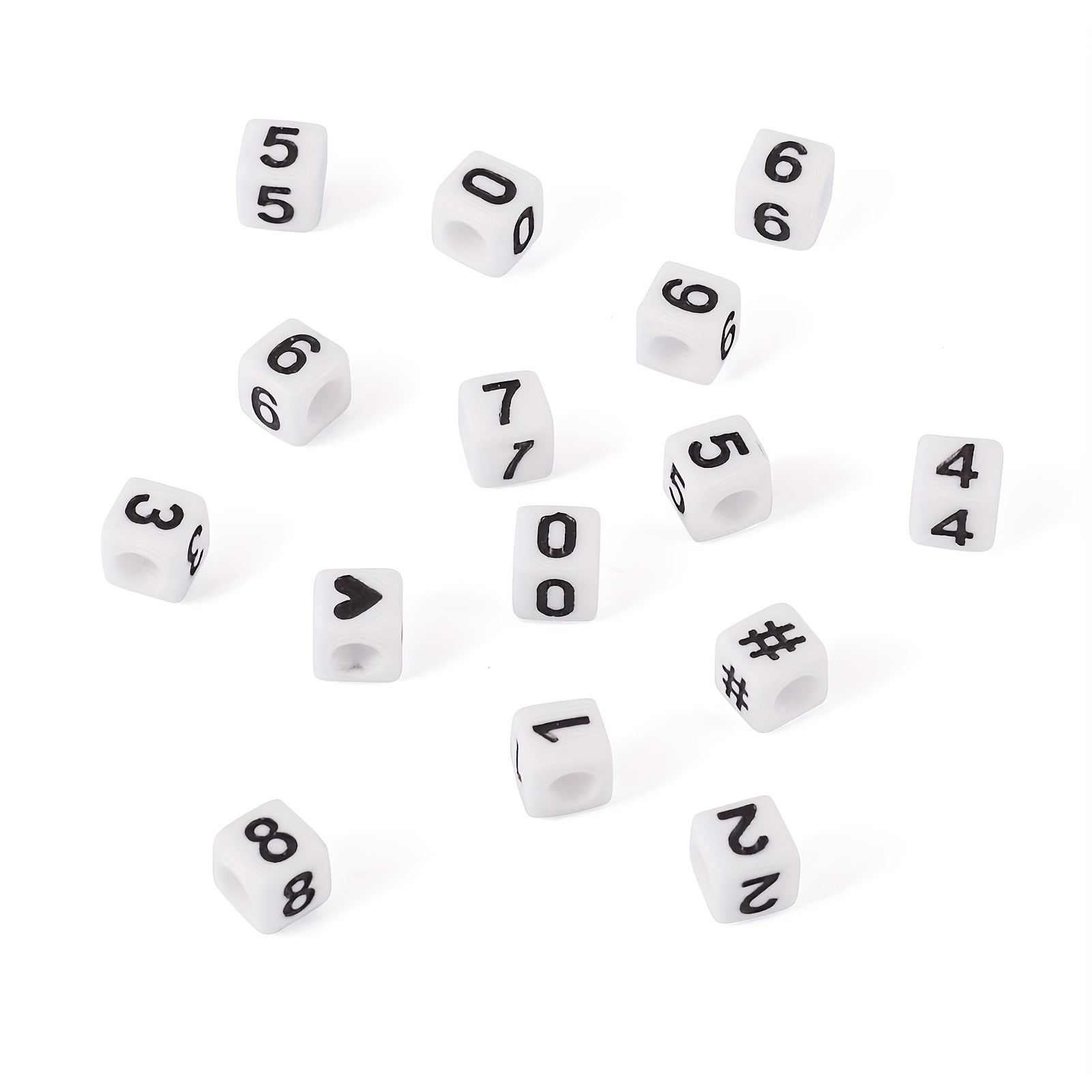 Acrylic beads, dice shaped, pink with black letters, 6x6x6mm, 20pcs