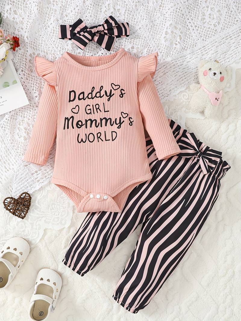 Newborn Baby Girl Romper - Long Sleeve Smocked Stripe Onesie With Letter Embroidery (Daddy's Girl, Little Sis)