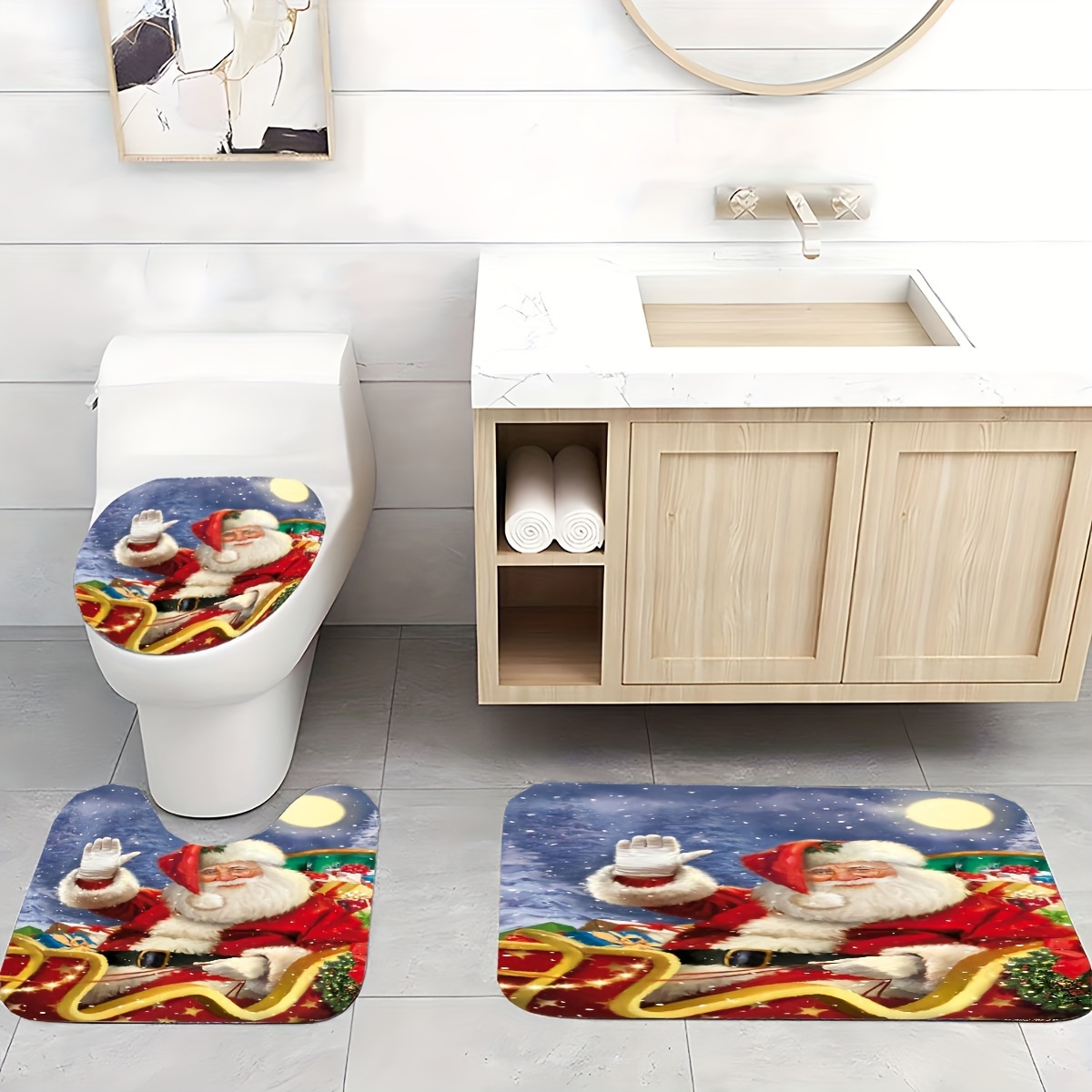 Santa On Sled Pattern Bathroom Set, Waterproof Mildew Resistant Shower  Curtain With 12 Plastic Hooks, Non-slip Bathroom Floor Mat, Toilet U-shaped  Mat, Toilet Lid Mat, Bathroom Christmas Decorations, Bathroom Accessories -  Temu