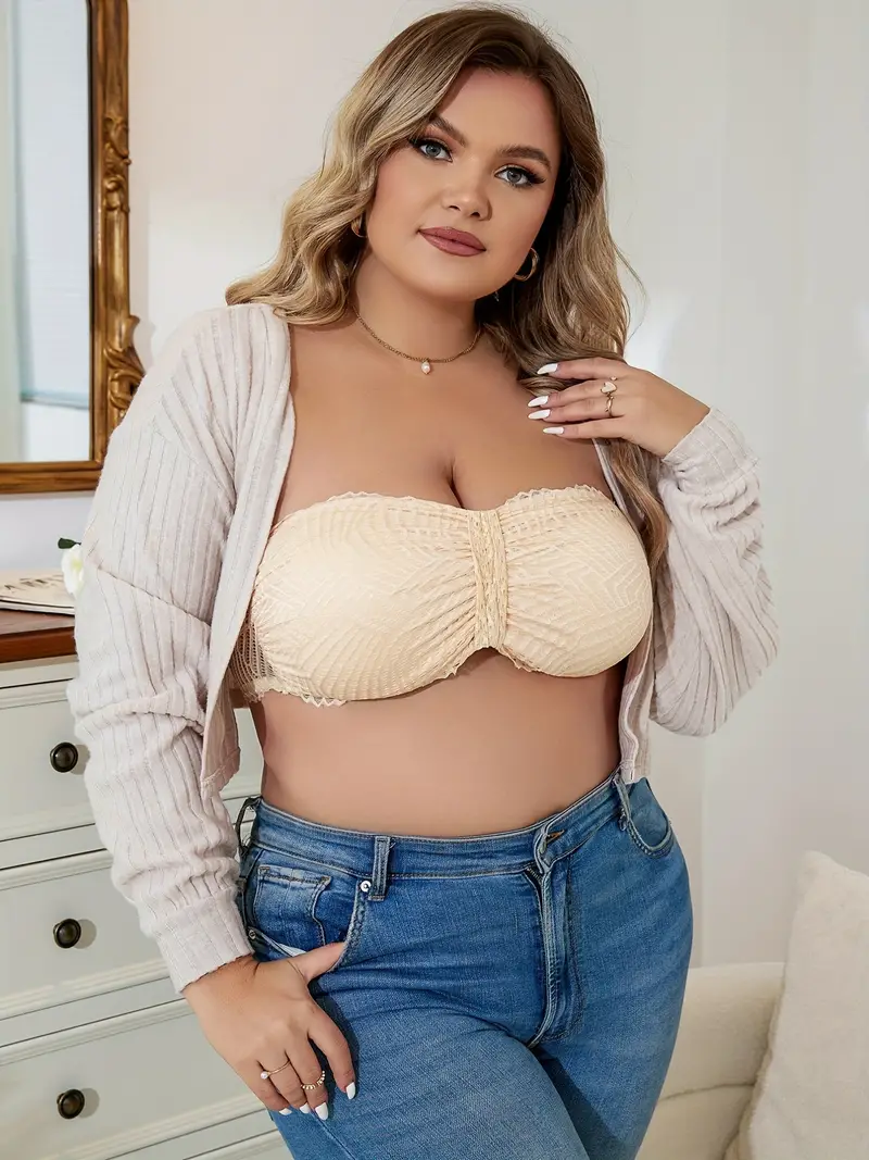 Plus Size Sexy Tube Bra, Women's Plus Solid Contrast Lace Ruched Hook & Eye  Strapless Bandeau