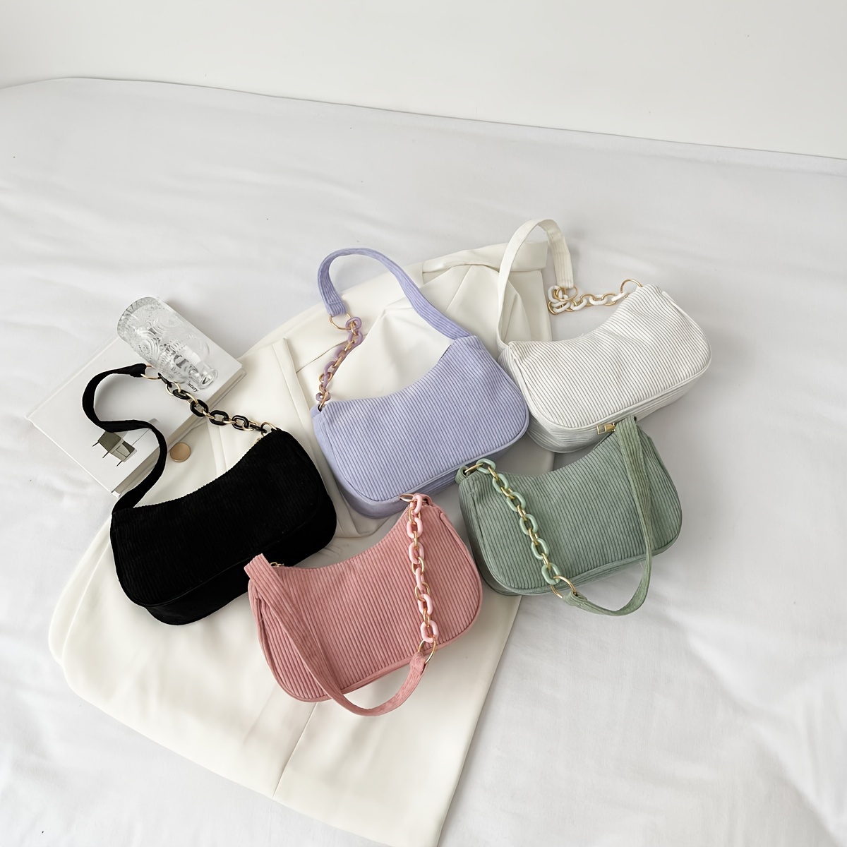 

Retro Corduroy Shoulder Bag, Trendy Chain Underarm Purse, Women's Simple Handbag With Zipper