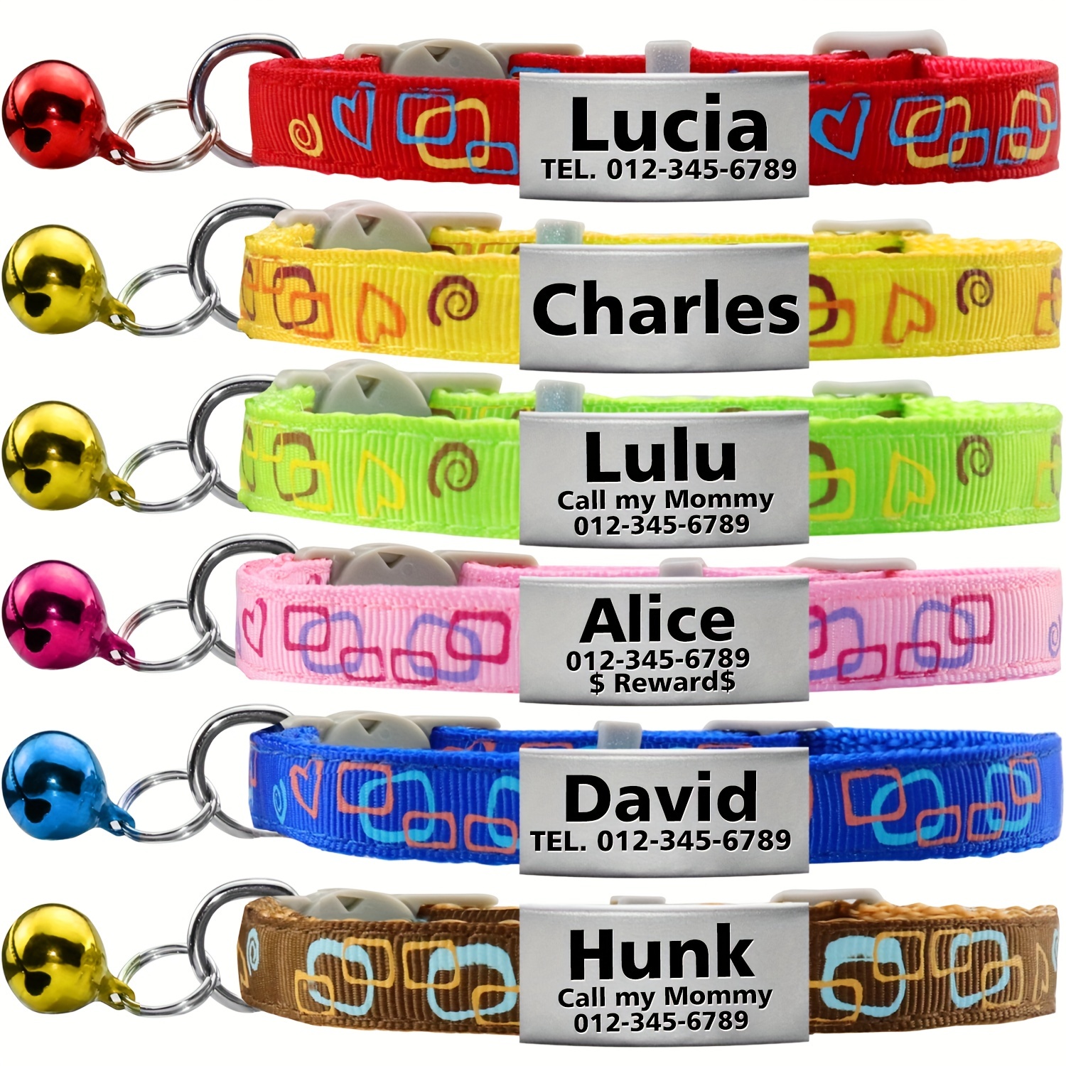 

Personalized Safety Collars For Cats & Small Dogs - Breakaway Nylon Geometric Square Pattern With Bell & Name Tag
