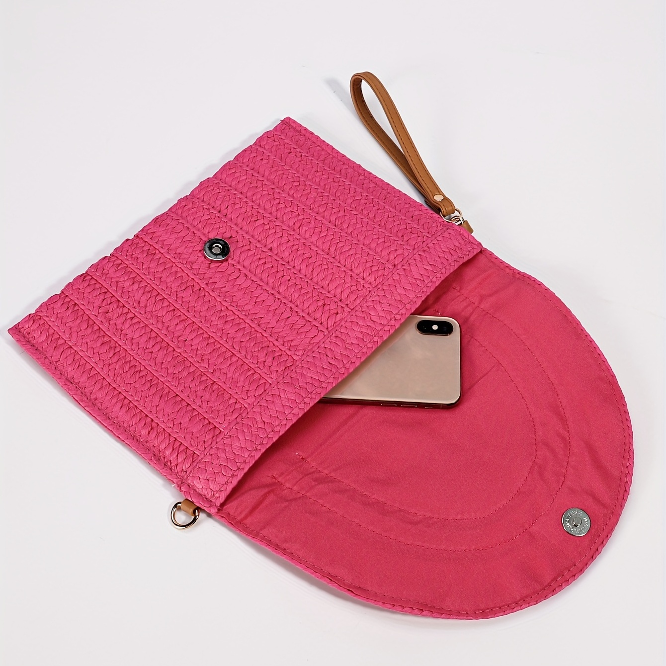 Woven Straw Clutch Bag Flap Magnet Handbag Solid Weaving Purse Wristlet
