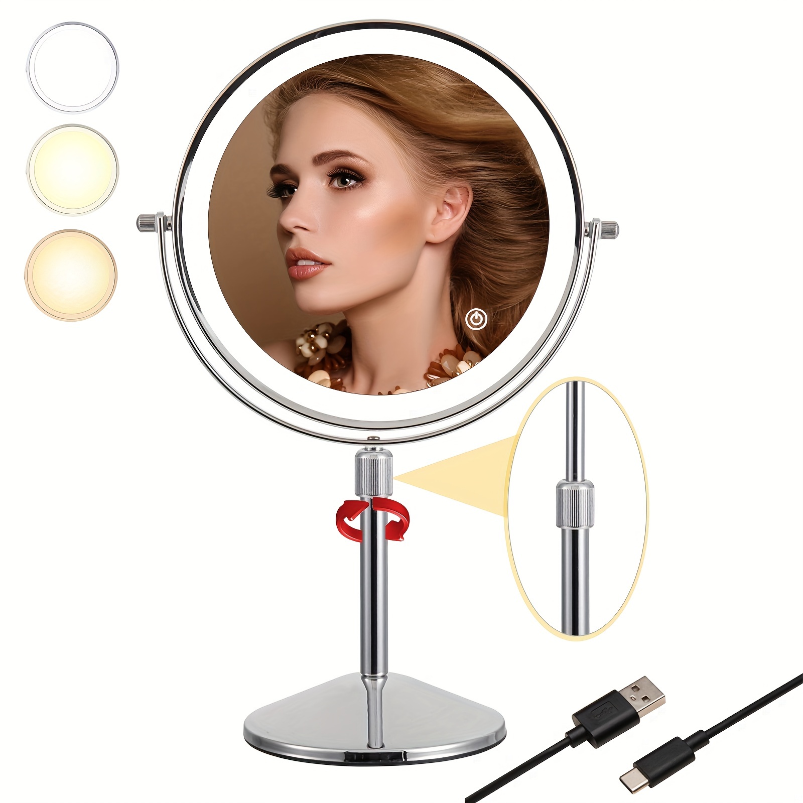 

Height Adjustable Lighted Vanity Mirror With 1x/10x Magnification, Rechargeable Round Tabletop Makeup Mirror Beauty Mirror With Stand, Perfect For Close Skincare & Detailed Makeup Use