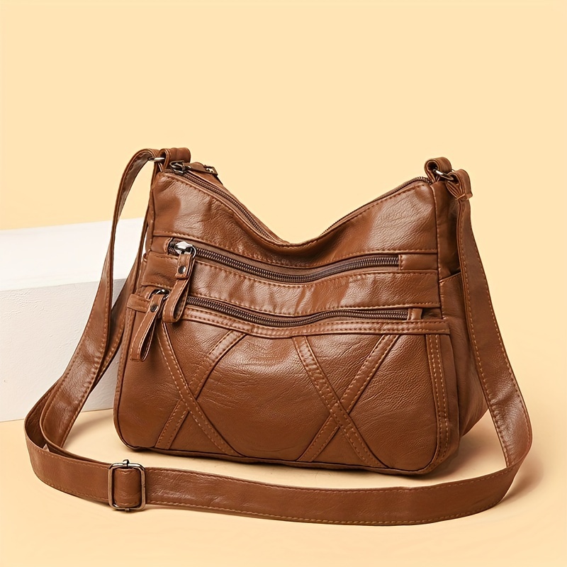 Solid Color Multi Zipper Bag, Vintage Soft Leather Shoulder Bag, Casual Crossbody  Purse For Work - Temu