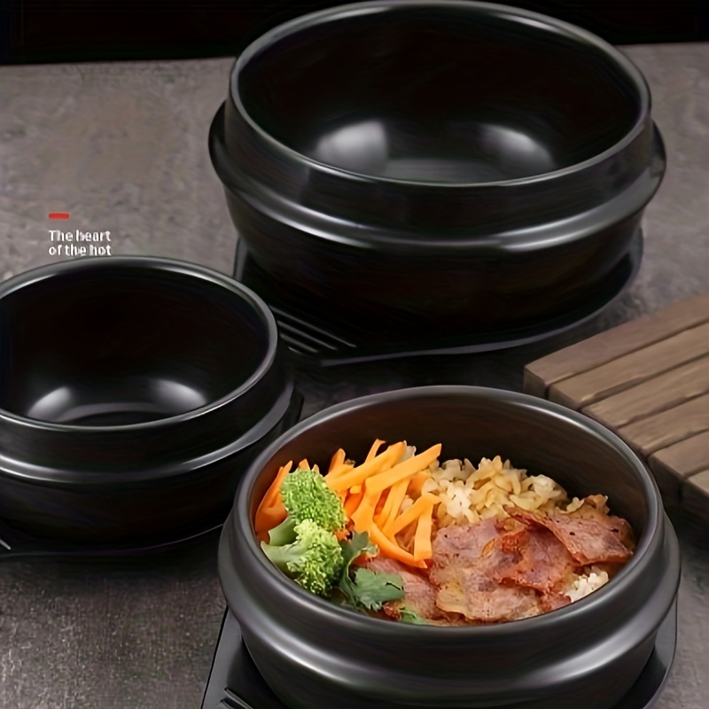 laffoonparts Korean Cooking Stone Pot Set, Premium Ceramic, D 6.3'' Stone Bowl Sizzling for Bibimbap and Soup, Korean Bibimbap Pot w/Tray 