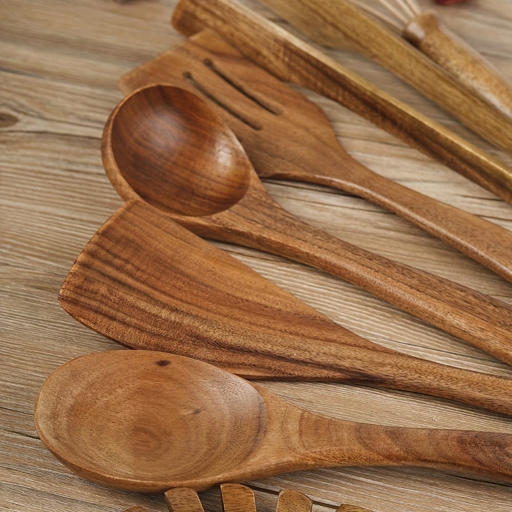 Juego de 10 cucharas de madera para cocinar, cucharas y espátula con mango  de acero inoxidable, juego de utensilios de madera de teca con soporte y