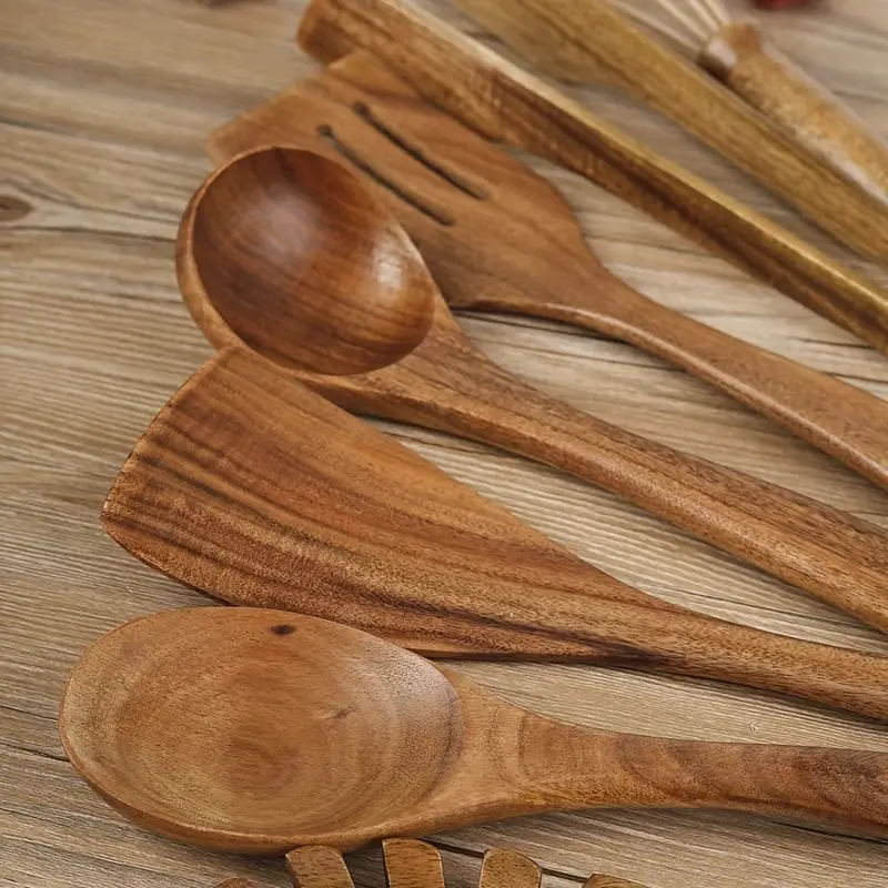 TKINGOP Juego de 9 cucharas de madera para cocinar hechas a mano de madera  de teca natural para cocinar con soporte y soporte para cucharas, juego de