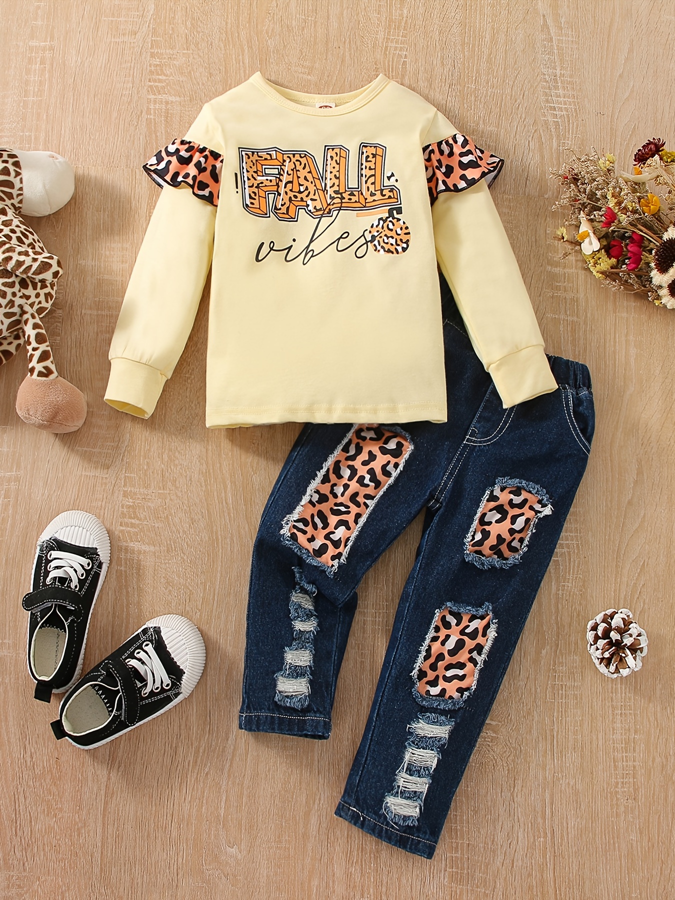 Baby Girls Thermal Leopard Pullover Sweatshirt Denim Jeans - Temu