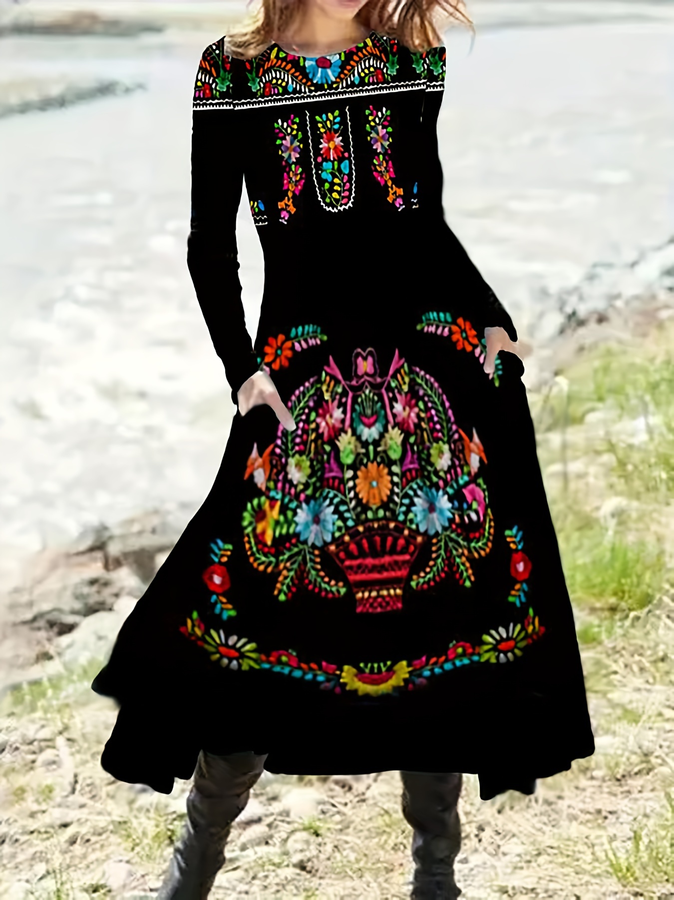 Tribal Print Shirt Dress Long Sleeve Casual Dress Spring - Temu