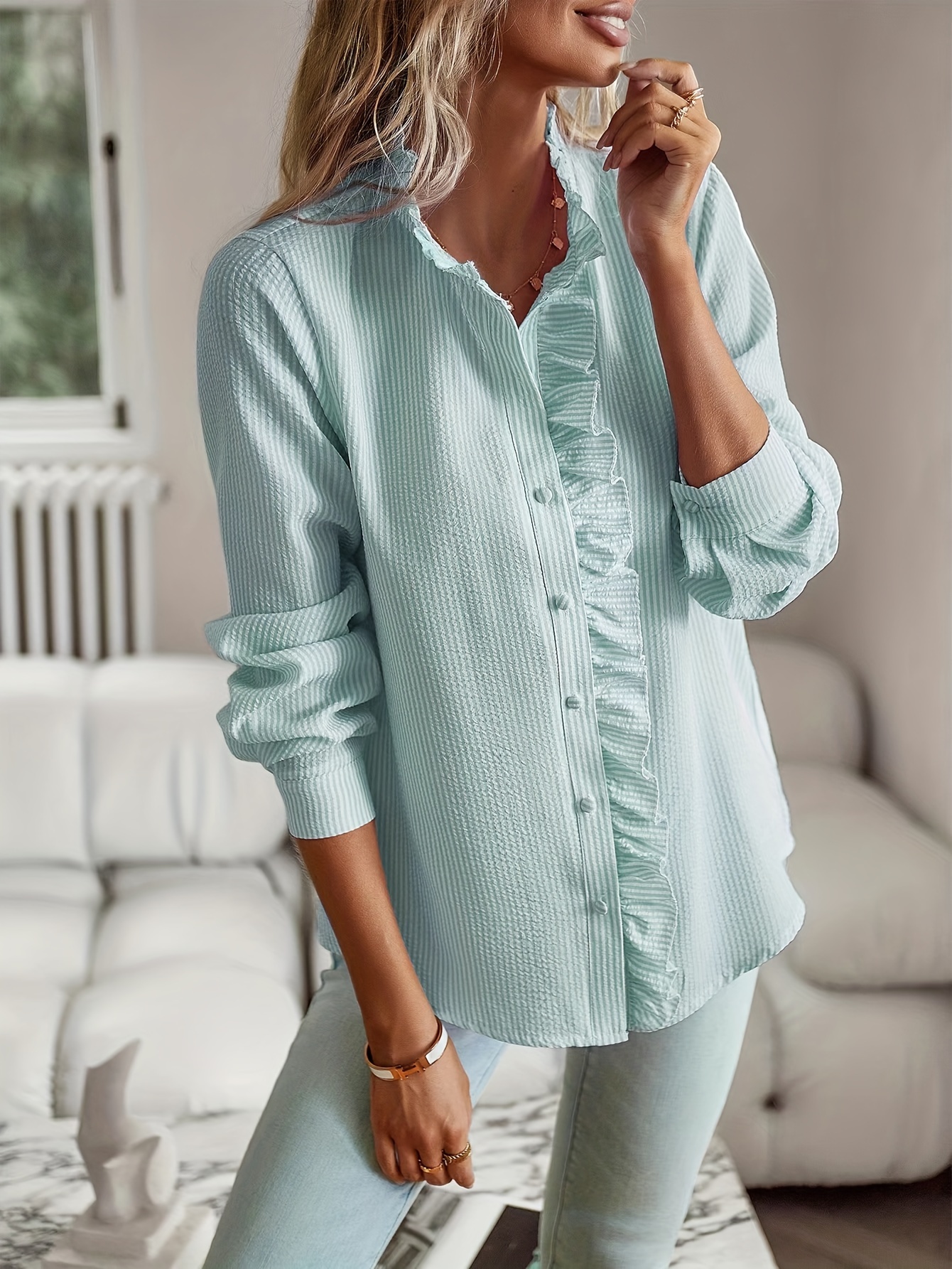 Striped Print Button Front Shirt Ruffle Trim Long Sleeve - Temu