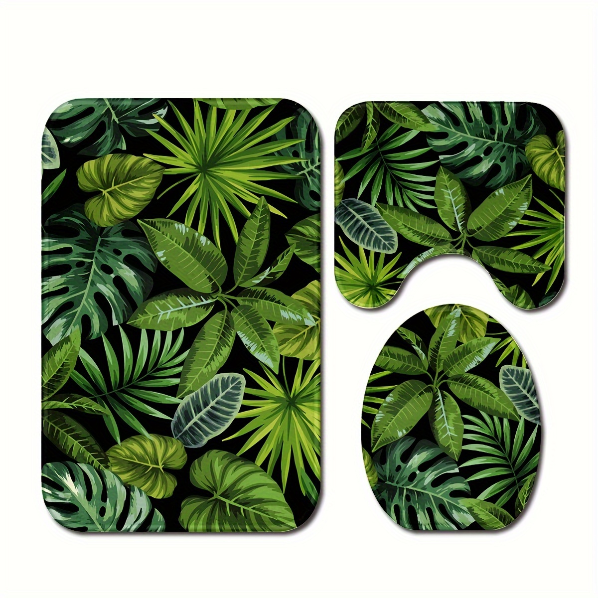 

3pcs/set Green Leaves Printed Floor Mat, Three-piece Bathroom Mat Set, Non-slip Mat, Water-absorbent Mat, Toilet Lid Mat, Toilet U-shaped Mat, Floor Rugs