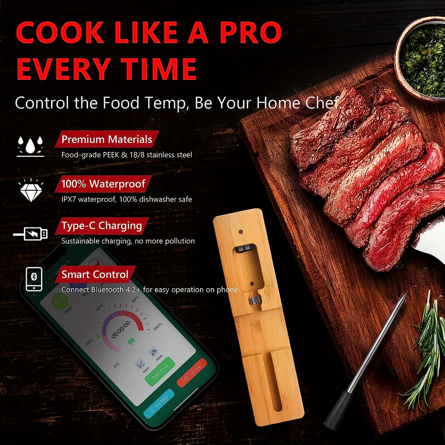 Bluetooth Remote BBQ Meat Cooking Thermometer Digital Oven