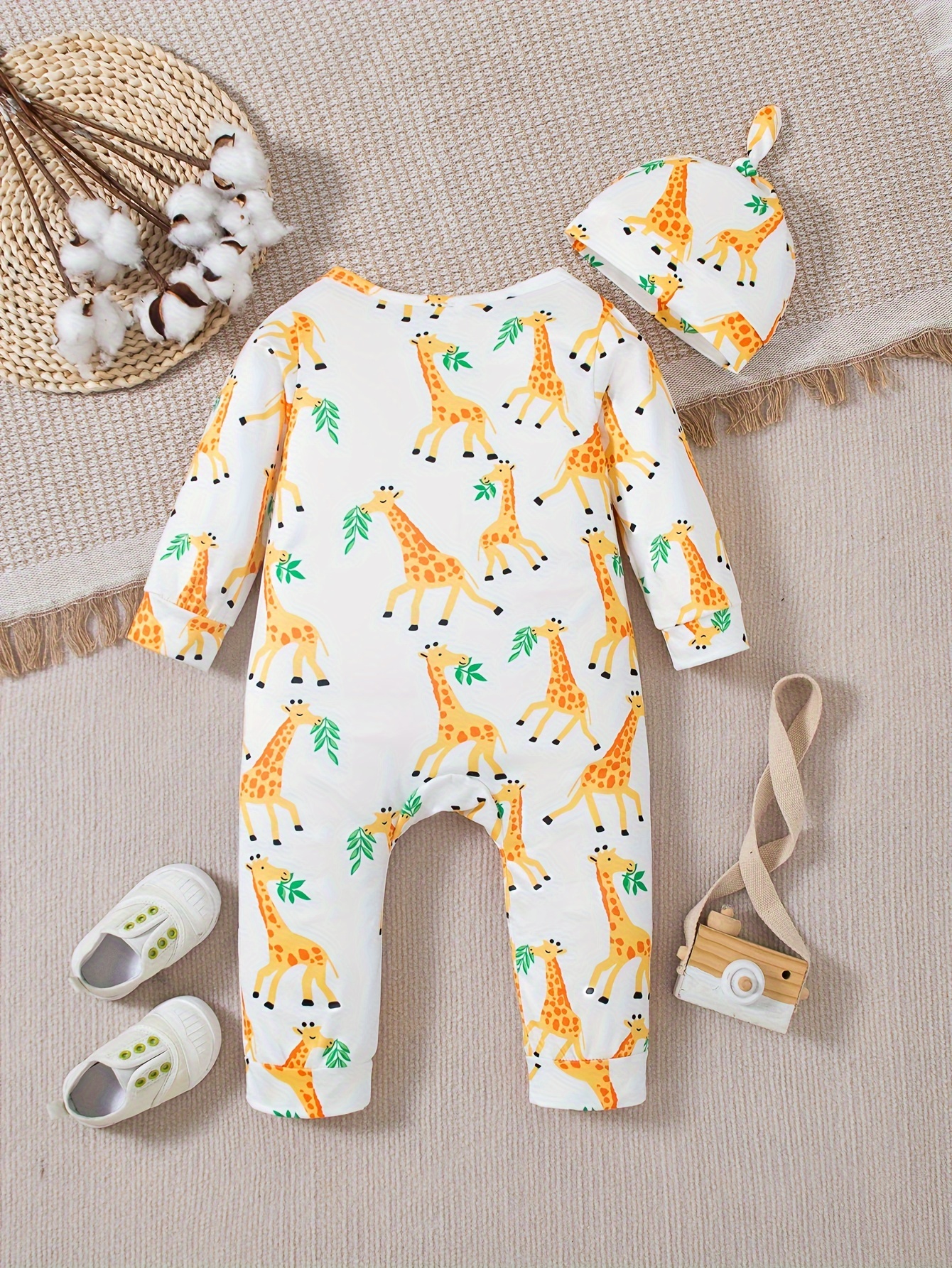 Infant s Giraffe Leaves Print Bodysuit Hat Comfy Long Sleeve Temu United