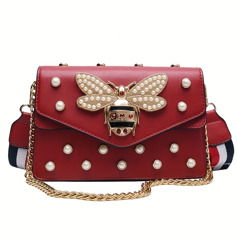 Red Faux Pearl Decor Crossbody Bag | Metal Chain Zipper | PU Leather Handbag