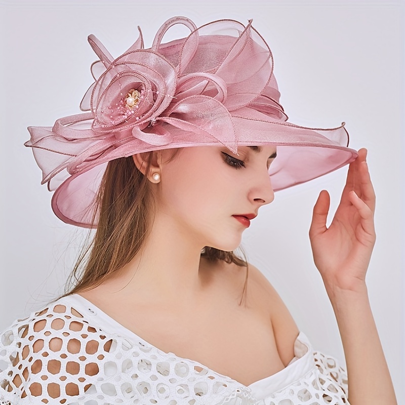 Mesh Flower Organza Sun Hat, Bucket Hats Wide Brim Derby Hat Solid Color Breathable Elegant Church Hat Wedding Bridal Bucket Hat Beach Hats for