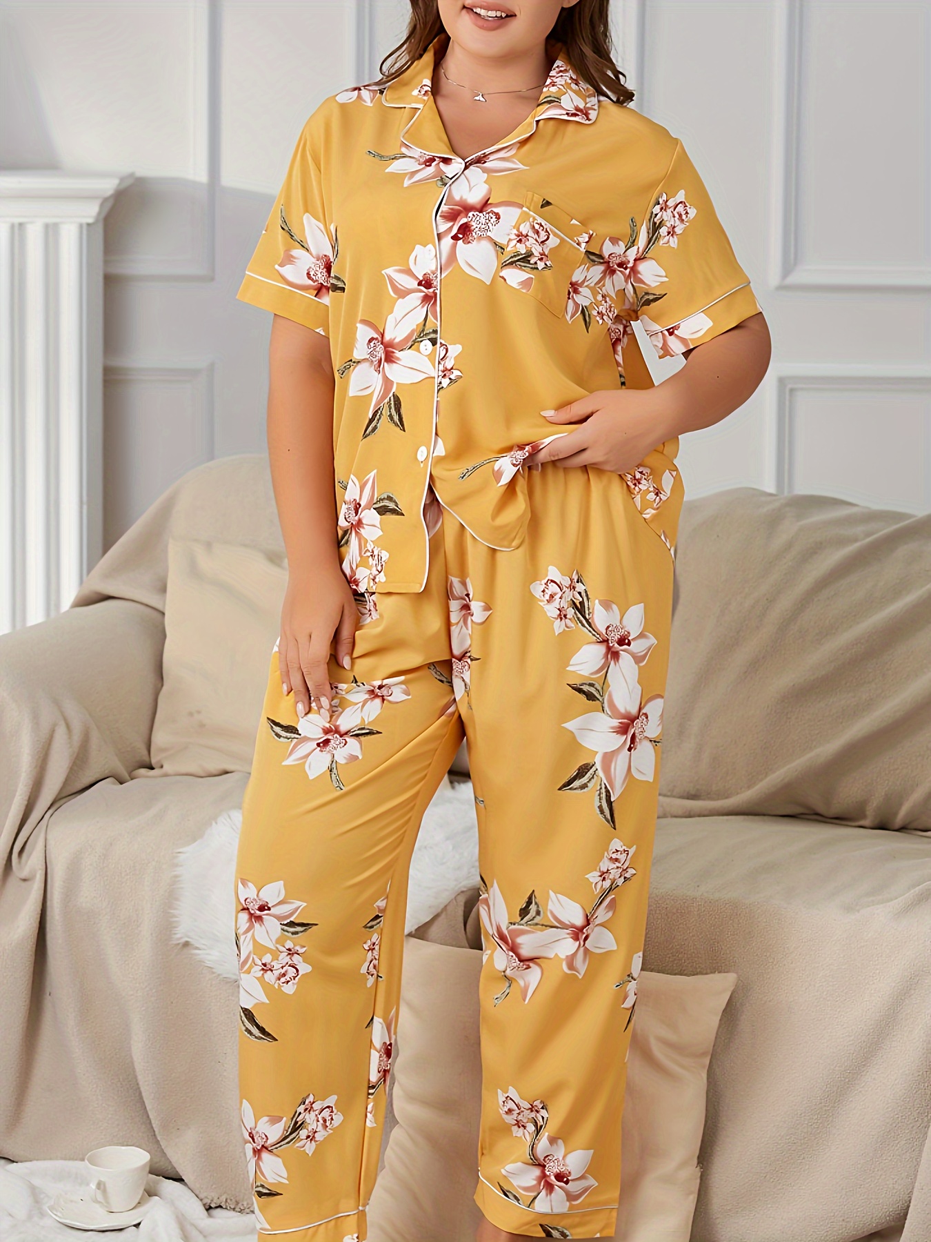 Plus Size Elegant Pajamas Set, Women's Plus Floral Print Contrast Binding  Short Sleeve Button Up Shirt & Pants Lounge 2 Piece Set