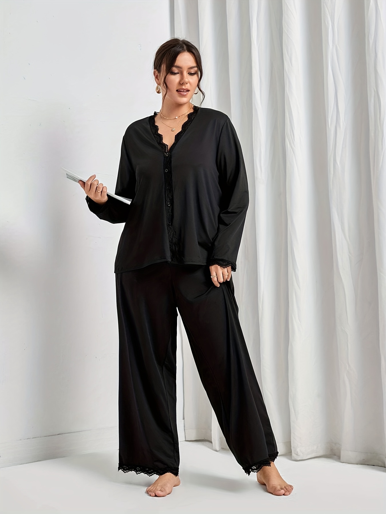 Plus Size Casual Loungewear Women's Plus Contrast Lace Trim - Temu