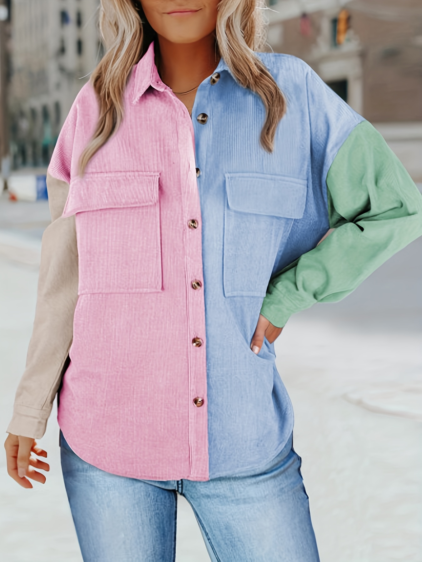 Color Block Corduroy Shirt, Long Sleeve Button Up Casual Top For Spring &  Fall, Women's Clothing