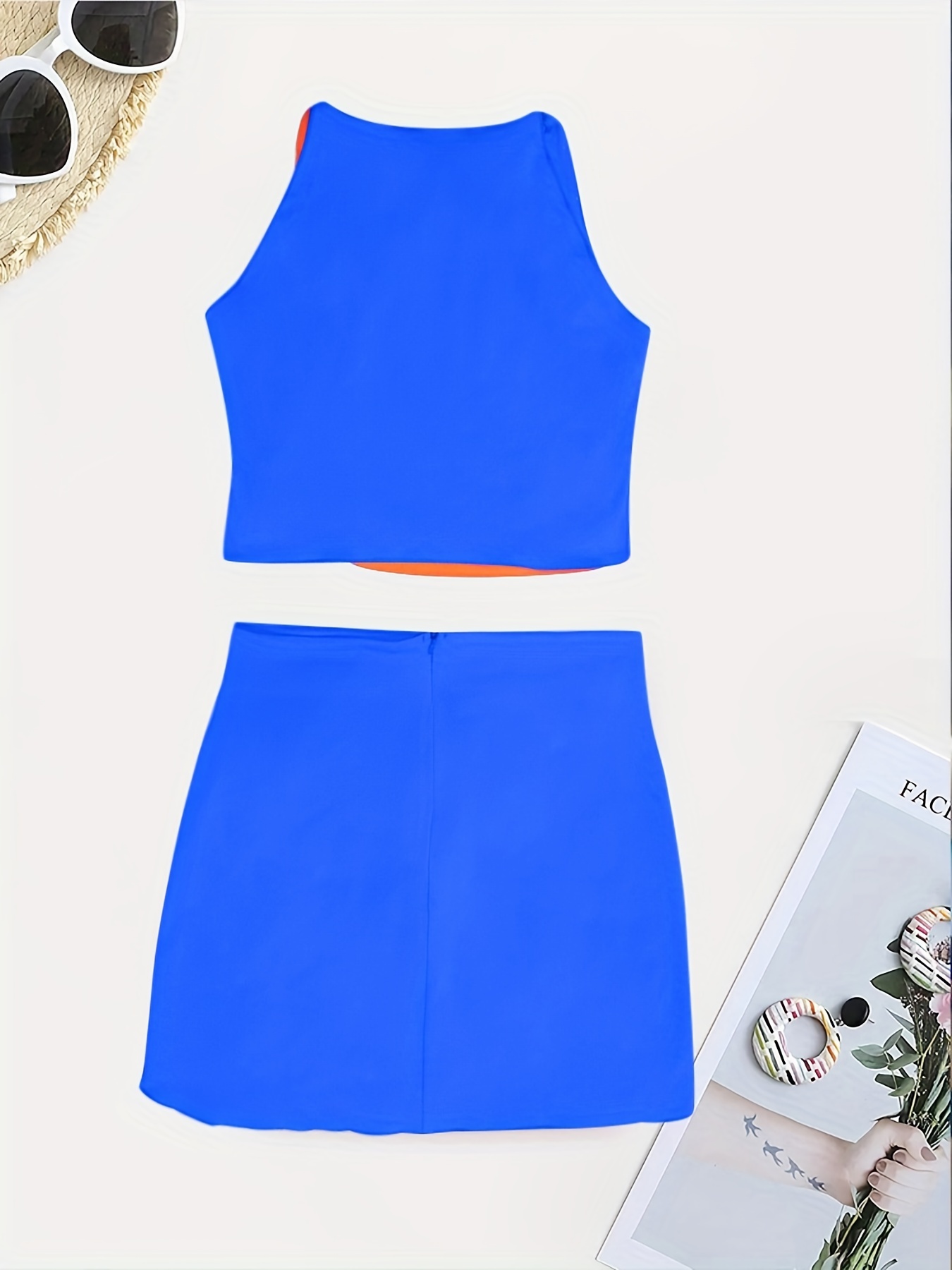 Beaded Block Crop Halter Top & Asymmetrical High Waist Skirt Set
