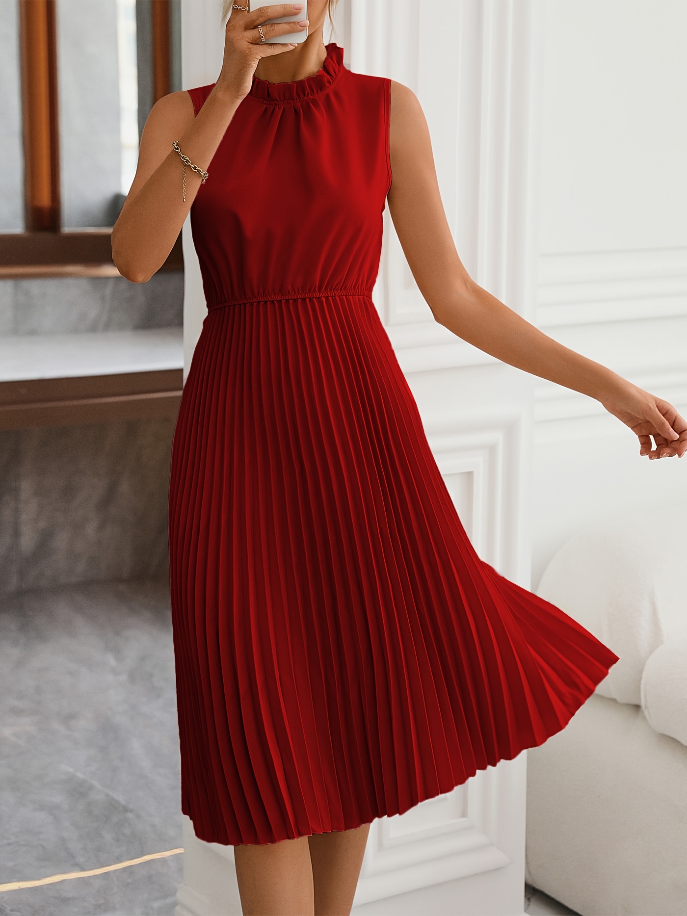 Pleated Sleeveless Dress Casual Cinched Waist Solid Keyhole - Temu