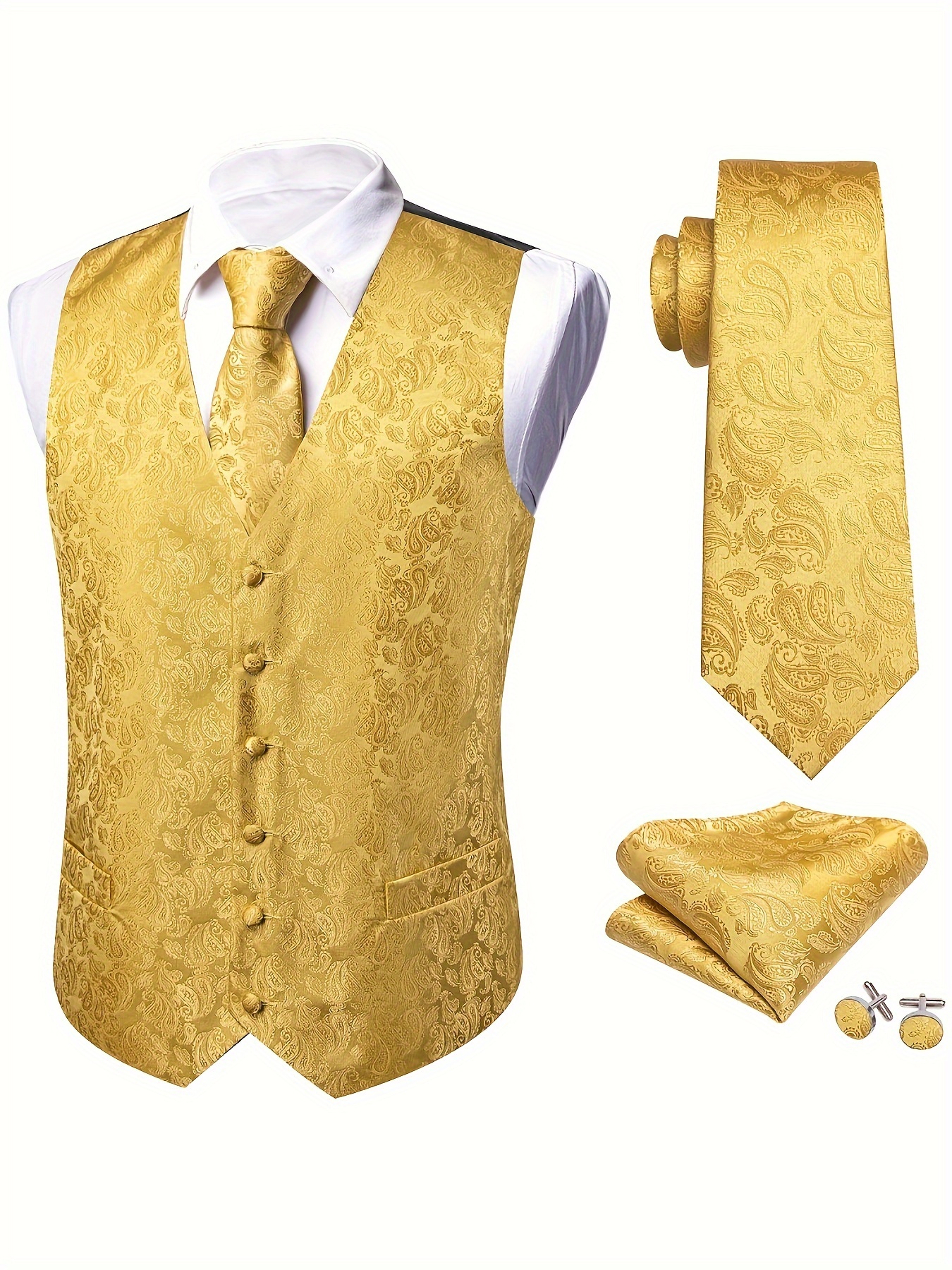 WYKDD Black Gold Vest Set 5-Piece Vest Tie Pocket Square Cufflink Ring  Wedding Men's Vest Clothing (Color : D, Size : Large) : :  Clothing, Shoes & Accessories