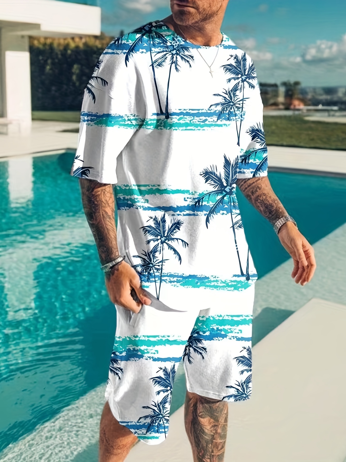 Men's Fashion Beach Sunset Graphic Loungewear Set Short - Temu
