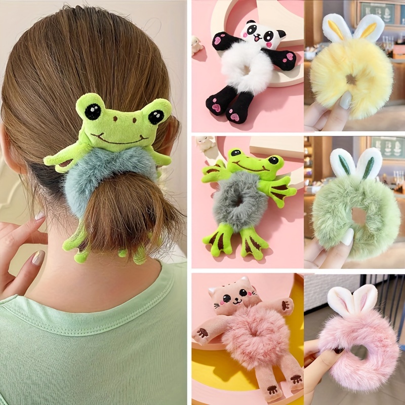 

2pcs Cartoon Plush Frog Panda Cat Hair Bands, Cute Animal Scrunchies, Hair Styling Accessories For Girls