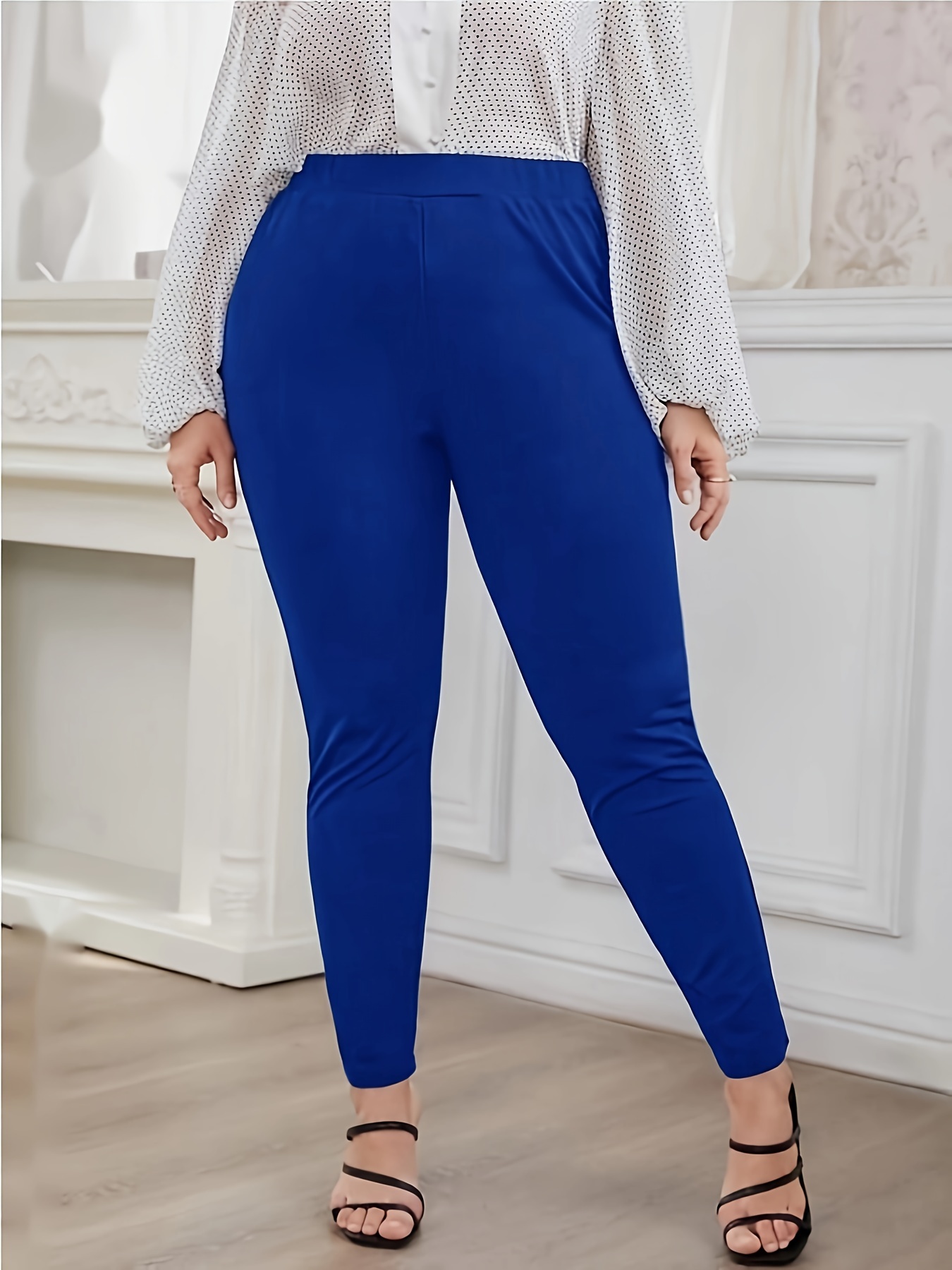 Plus Size Solid Pocket Leggings, Casual High Waist Stretchy Leggings,  Women's Plus Size Clothing