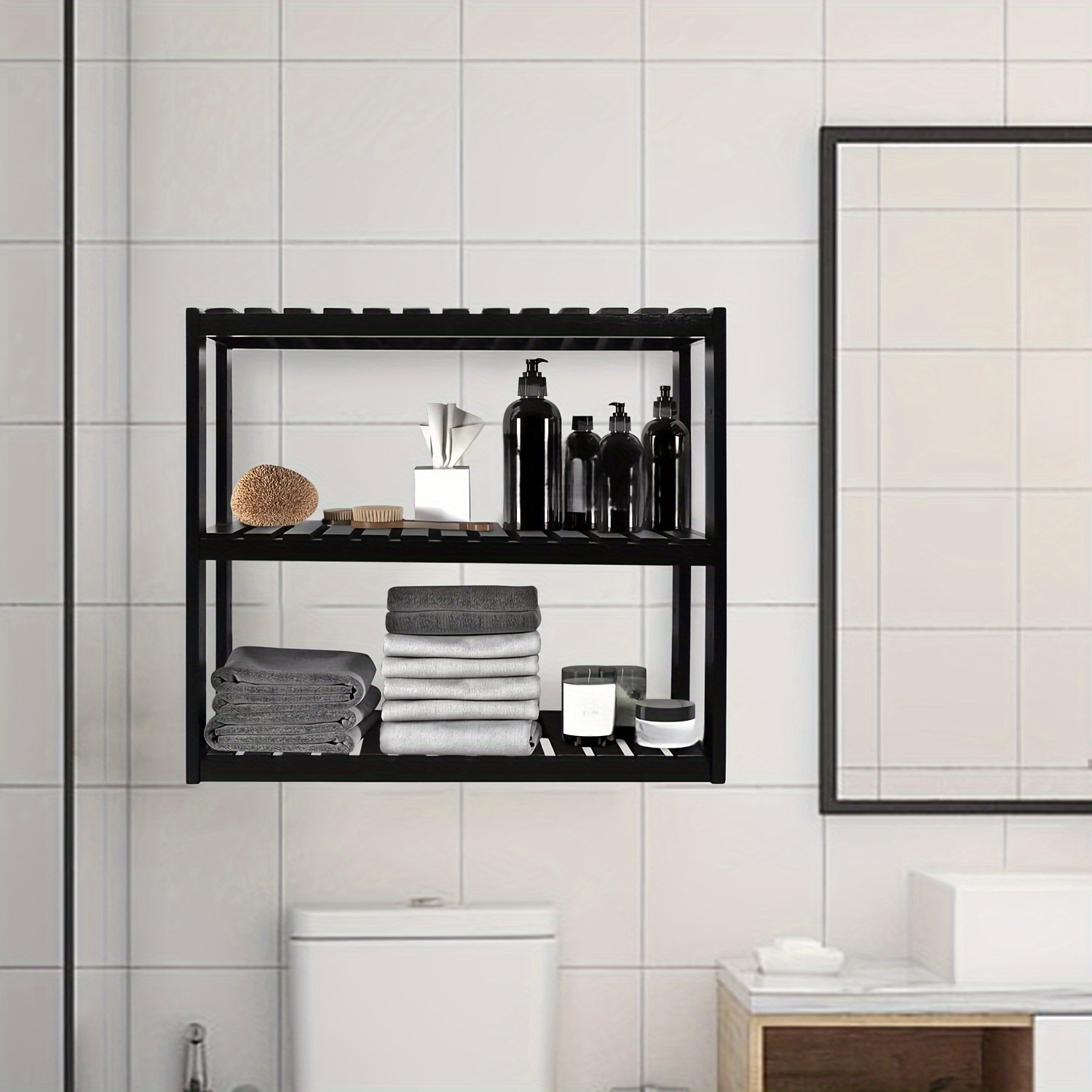 1pc Black Bathroom Storage Rack, Wall Mounted Shelving Unit For Shower  Room, Restroom, Washroom, No Drilling Required