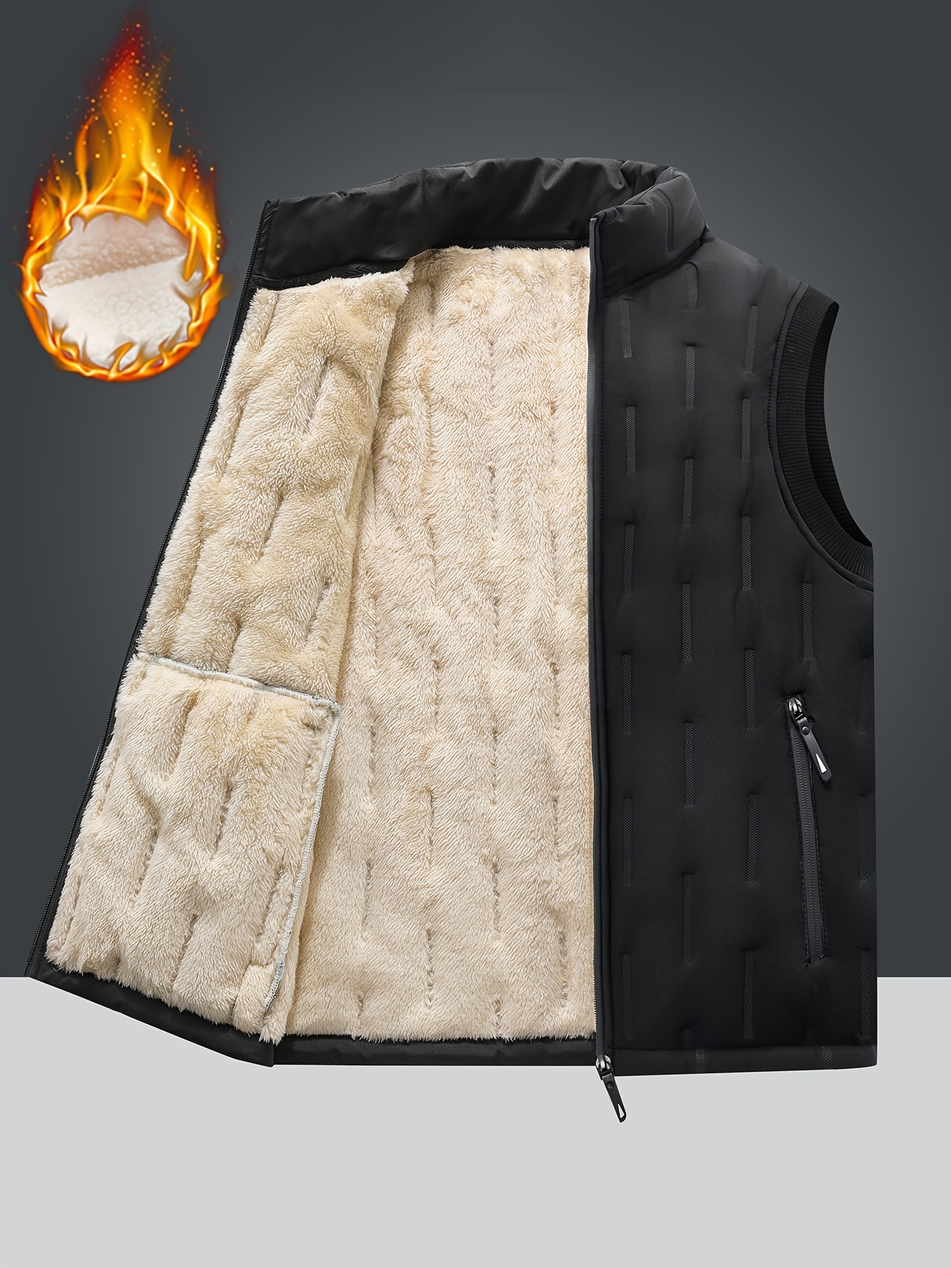 mens warm fleece winter vest casual stand collar warm thick zipper pockets vest