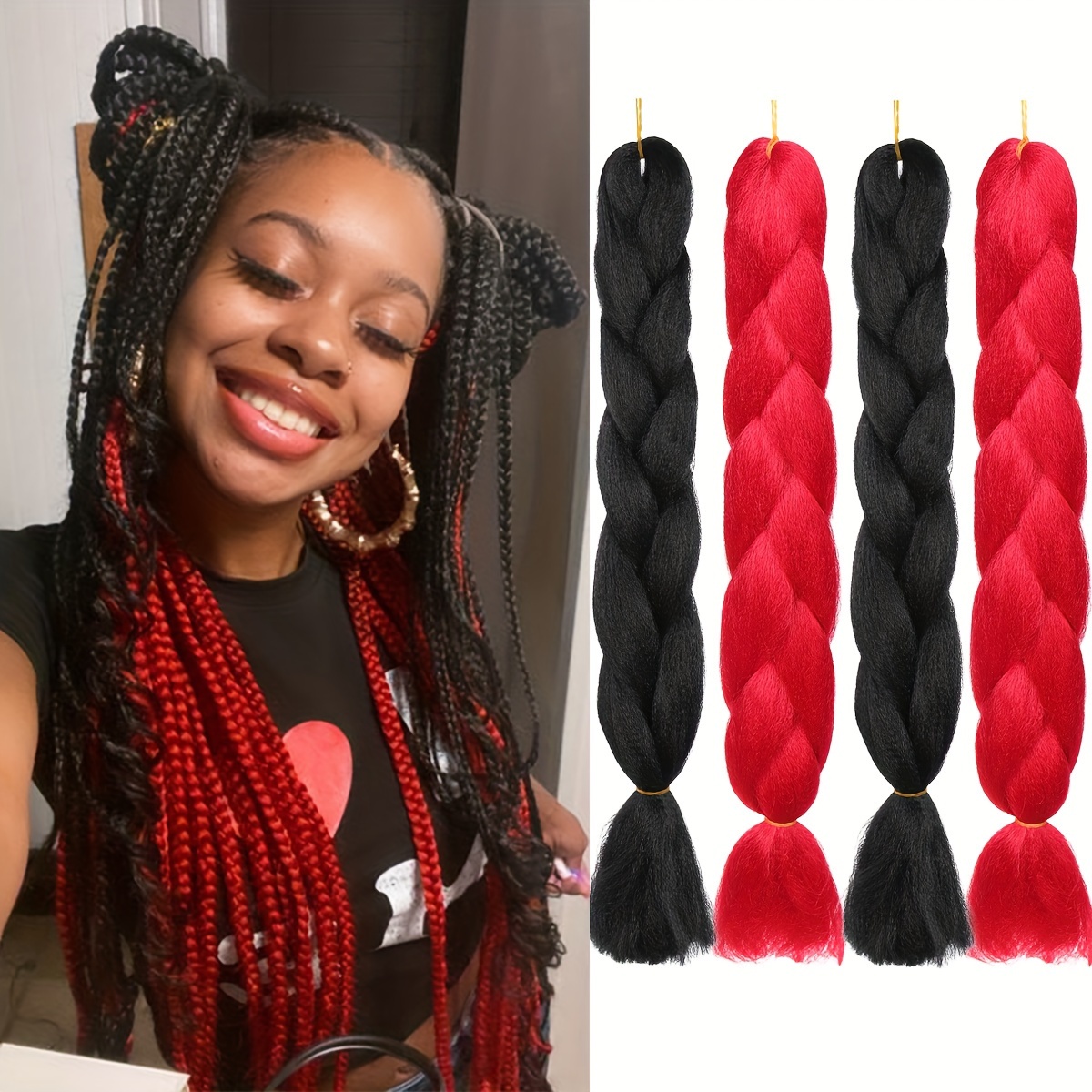 4Pcs 60.96 Cm Jumbo Braid Synthetic Braiding Hair Red Green Black White  Jumbo Hair Extension For Women DIY Braids Suitable For Christmas Party