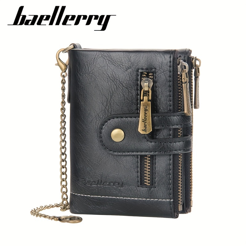 

Baellerry Men's Business Retro Wallet Short Pu Leather Multi-card Slot Zipper Bank Card Bag Chain Anti-theft