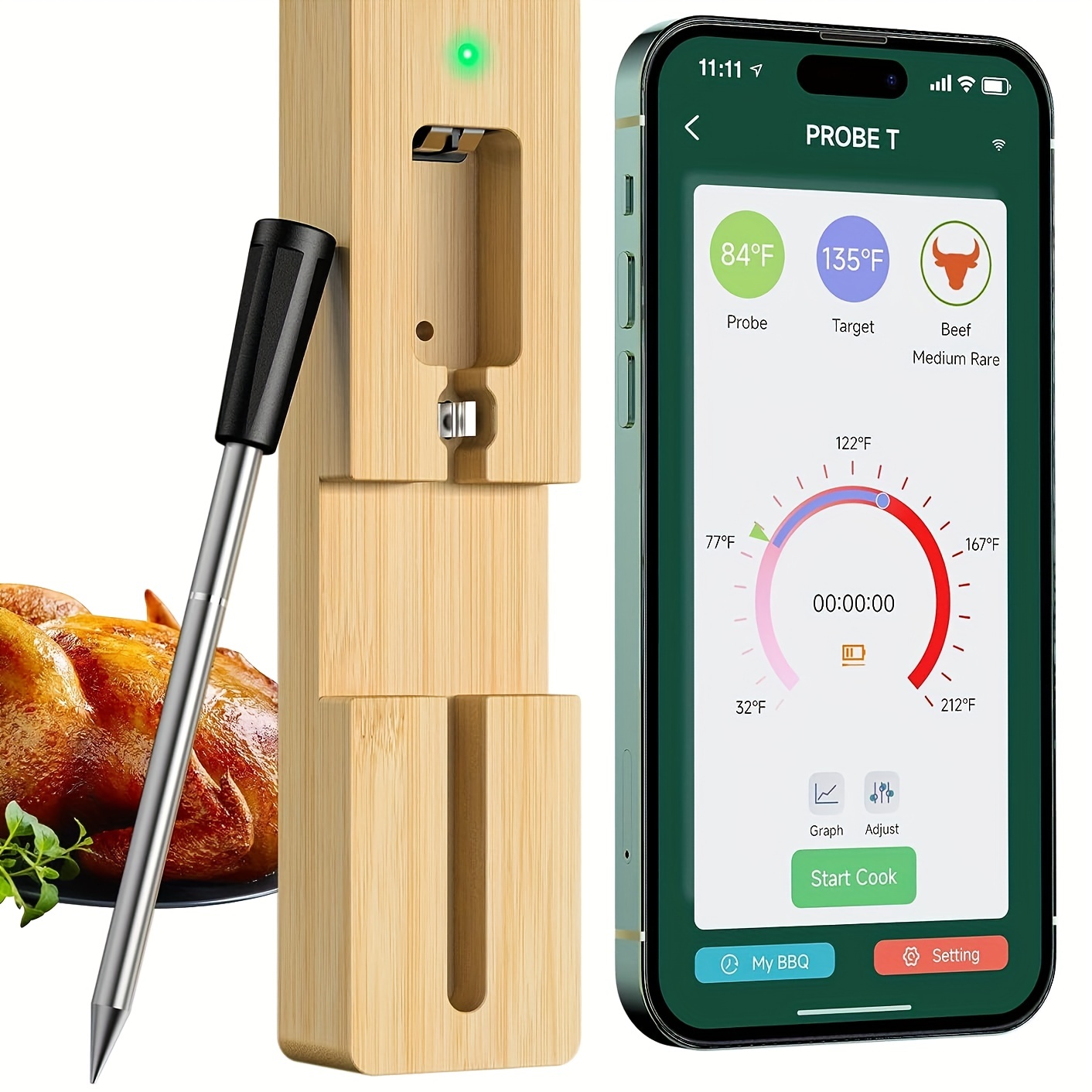 6 Probe Wifi Digital Long range BBQ thermometer w/ Blue tooth 5.0 (Includes  2 thermometers)