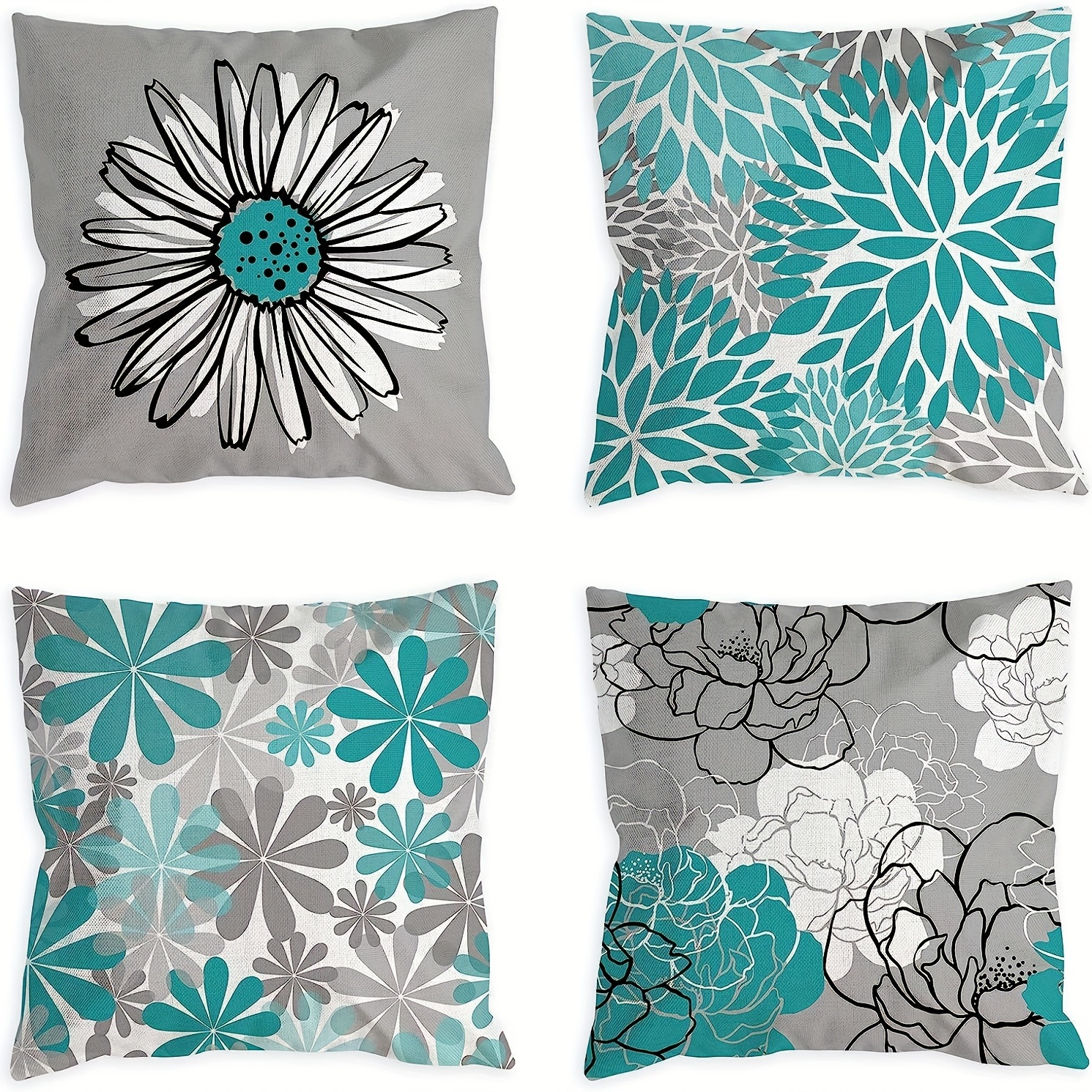 

4pcs Teal Pillow Covers Turquoise And Grey Decorative Throw Pillow Cover For Couch Modern Daisy Pillows Case For Living Room Cushion Bed Outdoor Home Decor 18x18inch