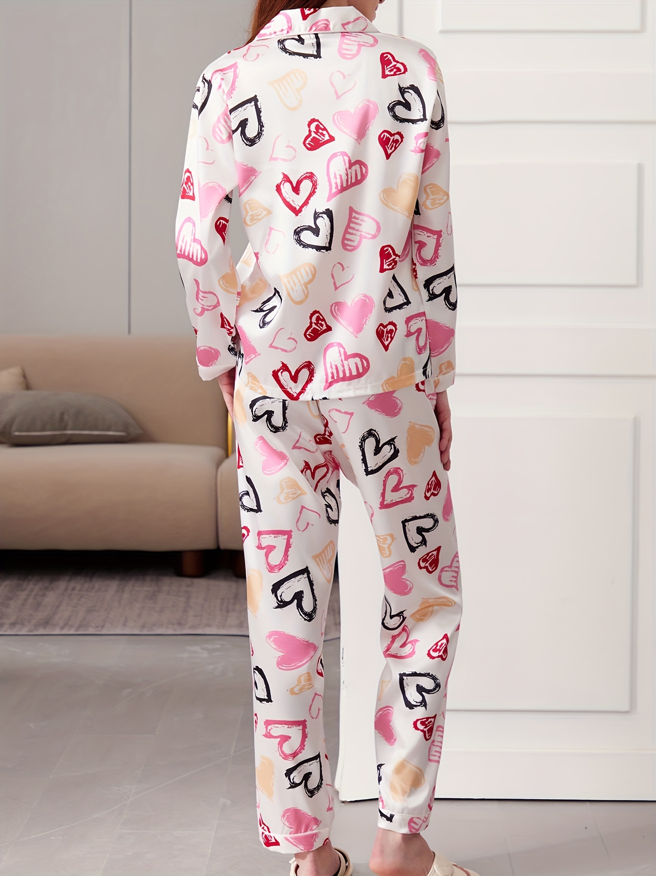 Heart Print Pajama Set, Button Up Long Sleeve Top & Elastic