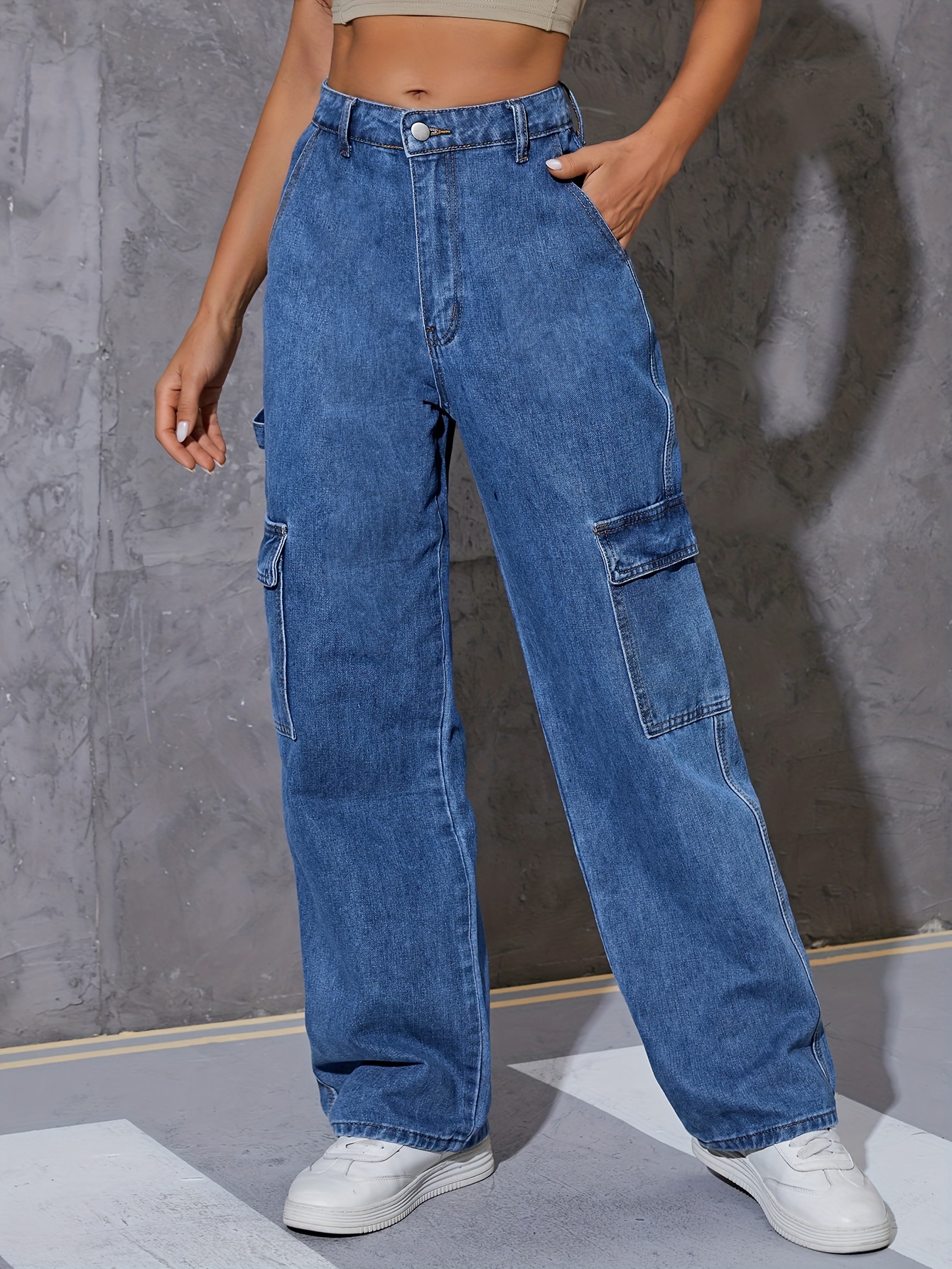 Women's High Waist Baggy Jeans Flap Pocket Relaxed Fit Straight