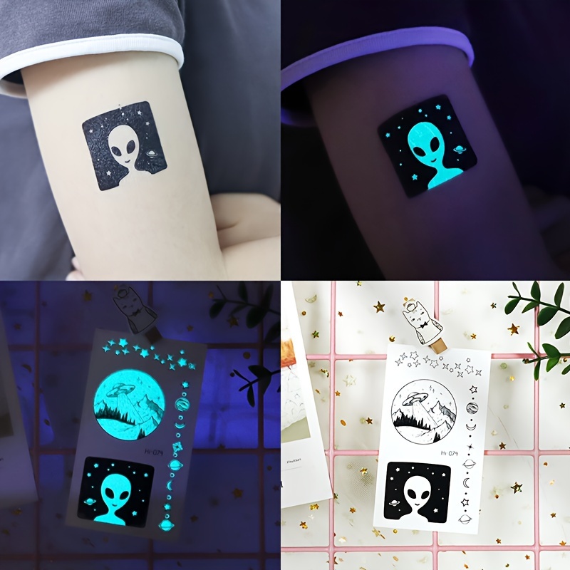 glow in the dark temporary tattoos 16 sheets of blue luminous adventure waterproof stickers for adults featuring mountains rivers wolves whales planets moon stars perfect for music festivals parties details 5