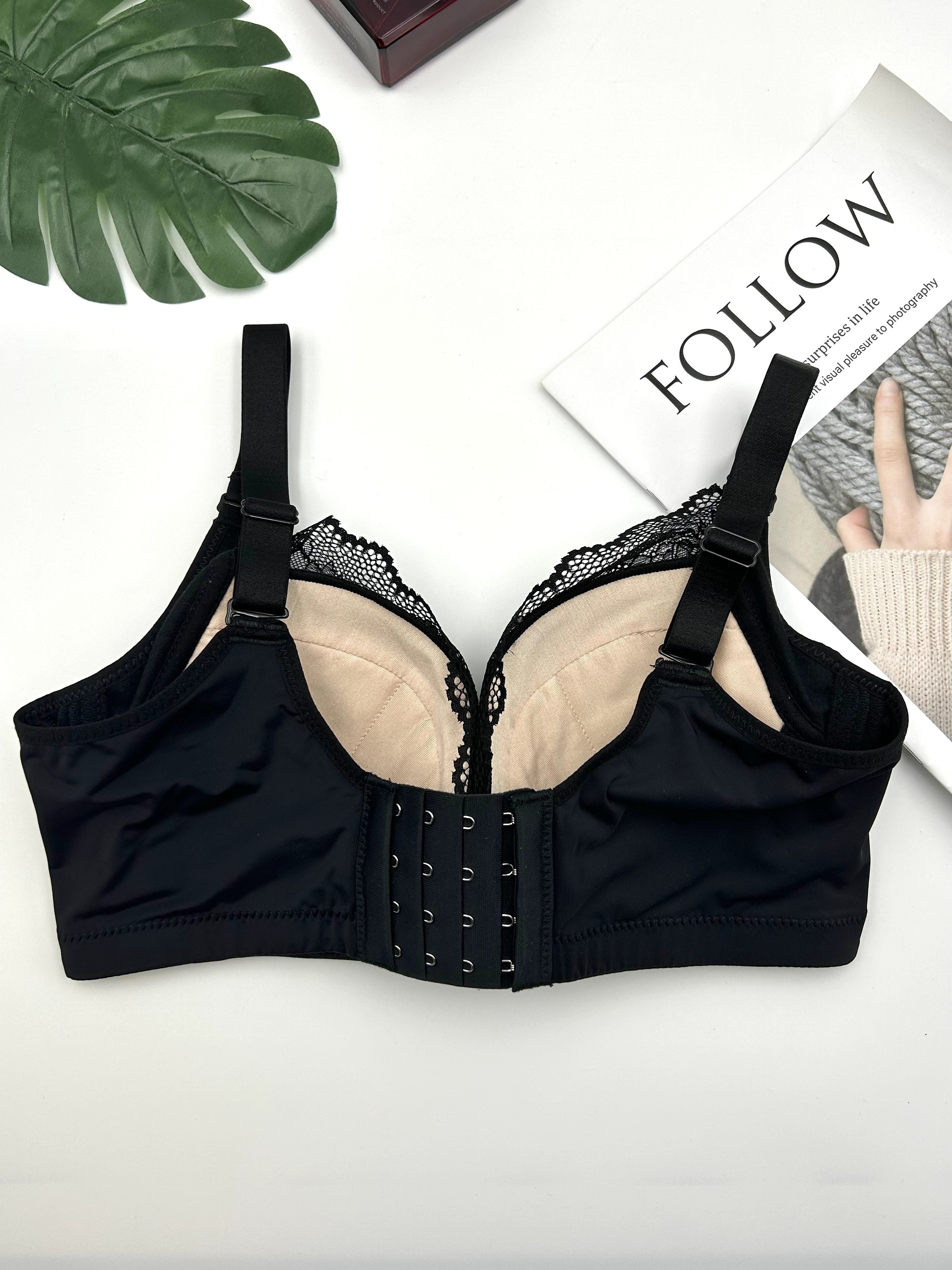 Simple Solid Contrast Lace Buckle Front Bra Comfy Breathable - Temu