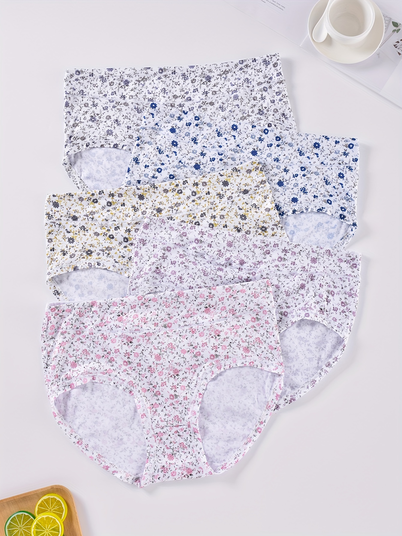 Set Of 5 Cute Cotton Print Floral Panties For Women Plus Size