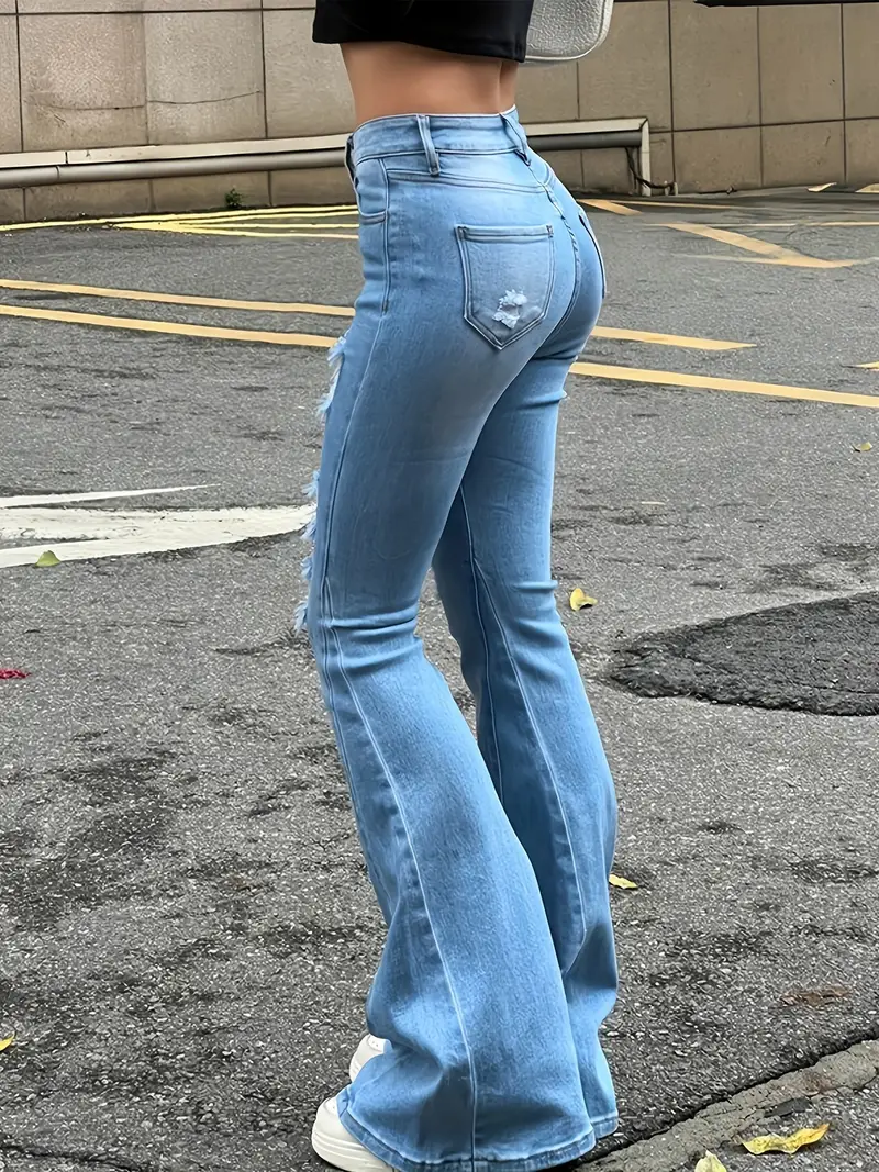Ripped Light Wash Distressed Flare Jeans, High Stretch Solid Color Bell  Bottoms Denim Pants, Street Casual Style, Women's Denim Jeans & Clothing
